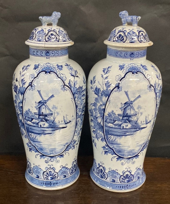 PAIR OF DELFT GINGER VASES WITH WINDMILLS (AS FOUND LIDS)