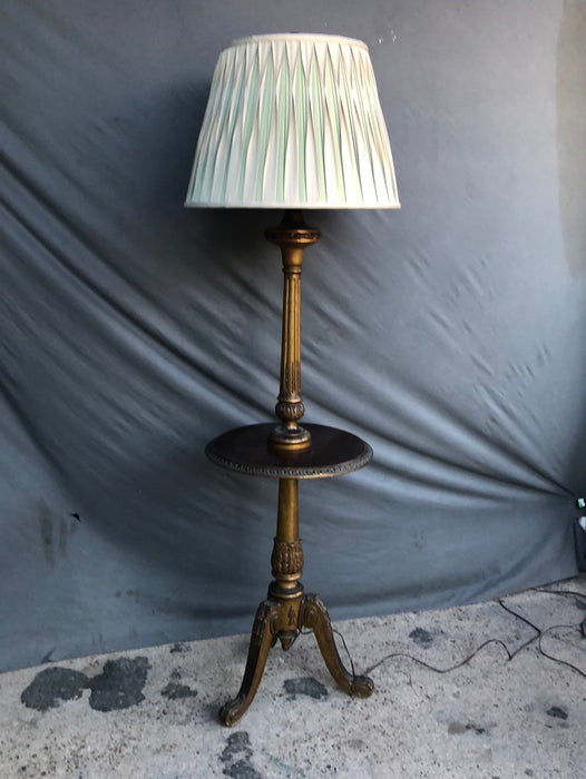 1920'S GILT FLOOR LAMP WITH TABLE BUILT IN WITH HIGH END LAMP SHADE