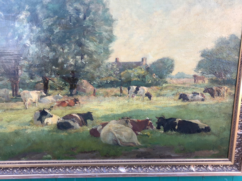 LARGE GOLD FRAMED IMPRESSSIONIST COWS PAINTING