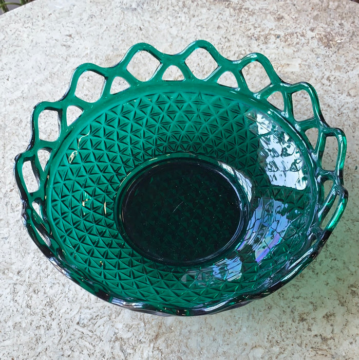 EMERALD GREEN GLASS OPEN BASKET WEAVE STYLE SERVING BOWL