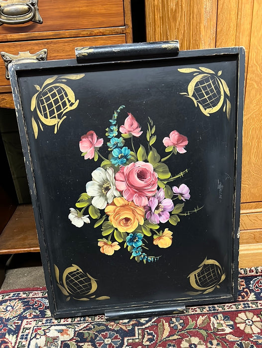 LARGE RECTANGULAR FLORAL PAINTED BLACK TRAY