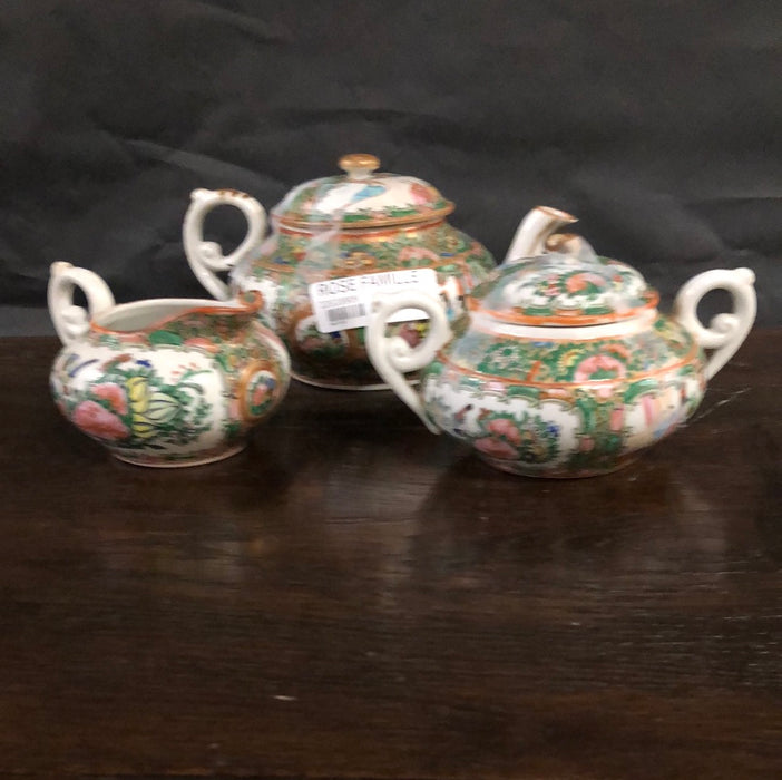 * ROSE FAMILLE TEAPOT CREAMER AND SUGAR ADDED TO SOLD LOT