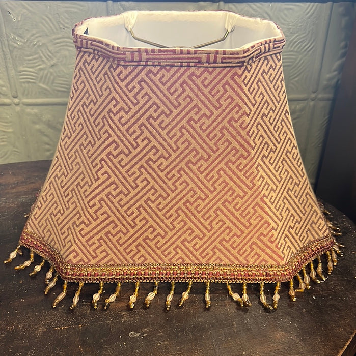 BURGUNDY AND BEIGE LAMP SHADE WITH BEADED FRINGE