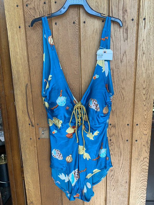 BLUE WITH SEASHELLS AND FISH PRINT 1-PIECE SWIMSUIT