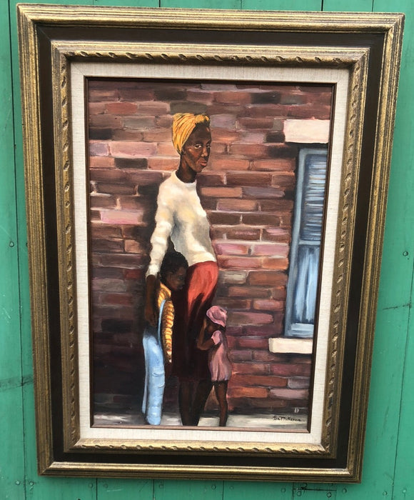 VERTICAL OI PAINTING OF A BLACK WOMAN AND 2 CHILDREN SIGNED LEE MCKENNA