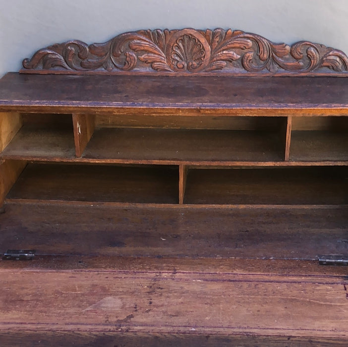 CARVED ENGLISH 1890S DROP FRONT OAK DESK