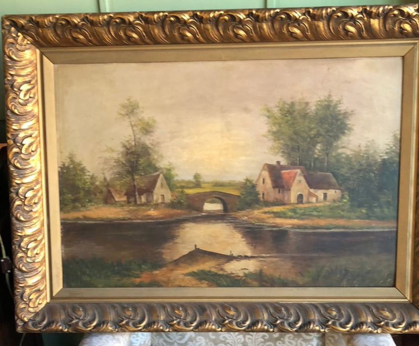 BUCOLIC OIL PAINTING WITH BRIDGE