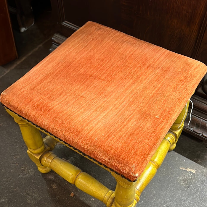 YELLOW PAINTED SQUARE STOOL WITH ORANGE FABRIC