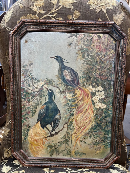 1920'S OIL PAINTING ON BOARD OF 2 COLORFUL BIRDS