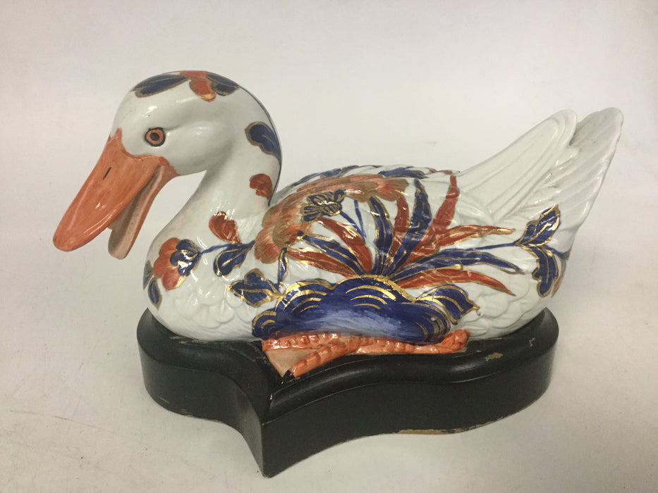 SMALL ITALIAN POLYCHROME DUCK WITH WOOD BASE
