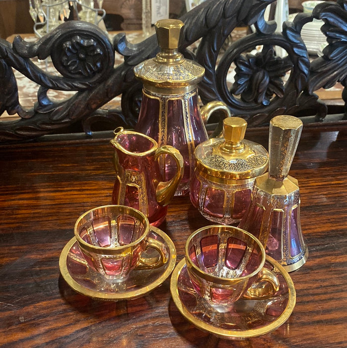 FANCY RUBY AND GILT VINTAGE TEA SET WITH BELL