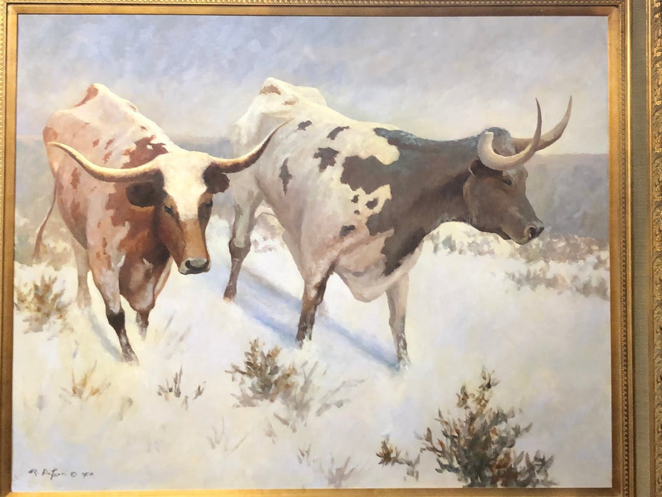 LARGE FRAMED OIL PAINTING OF TEXAS LONG HORNS BY ROBERT DE LEON