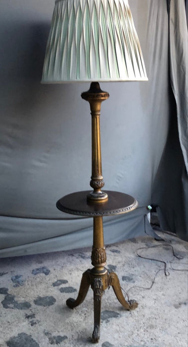 1920'S GILT FLOOR LAMP WITH TABLE BUILT IN WITH HIGH END LAMP SHADE