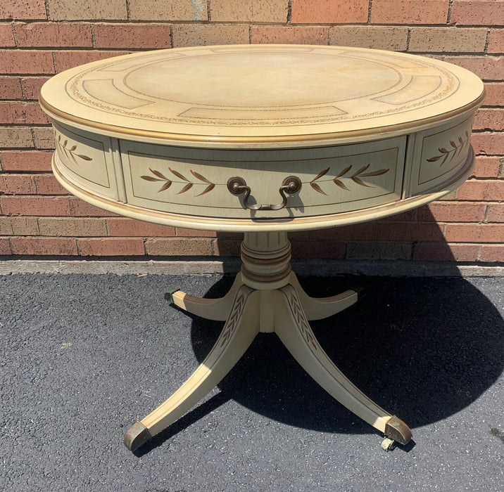 PAINTED DUNCAN PHYFE STYLE DRUM TABLE WITH DRAWER