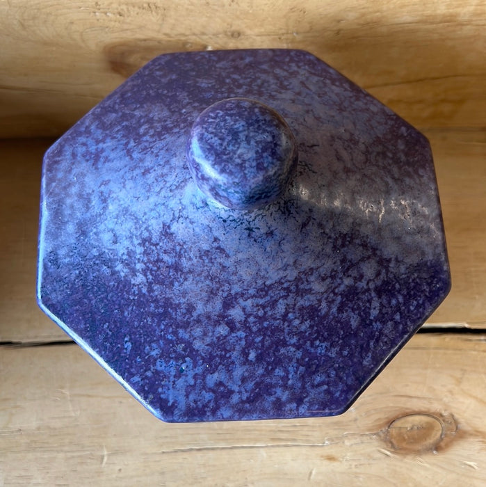 PURPLE GLAZED POTTERY OCTAGONAL LIDDDED DISH - AS FOUND
