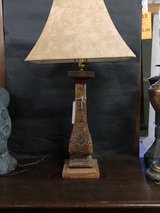 WOOD LAMP AND SHADE WITH CARVED LEAVES