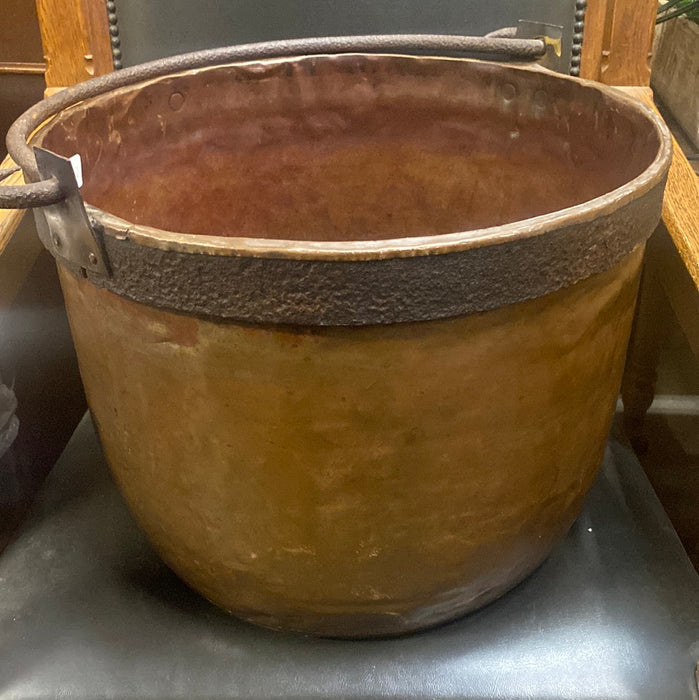 LARGE IRON BANDED AND HANDLE COPPER POT