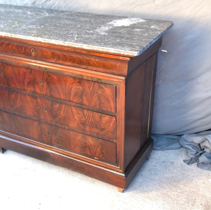 MARBLE TOP LOUIS PHILIPPE FLAME MAHOGANY COMMODE
