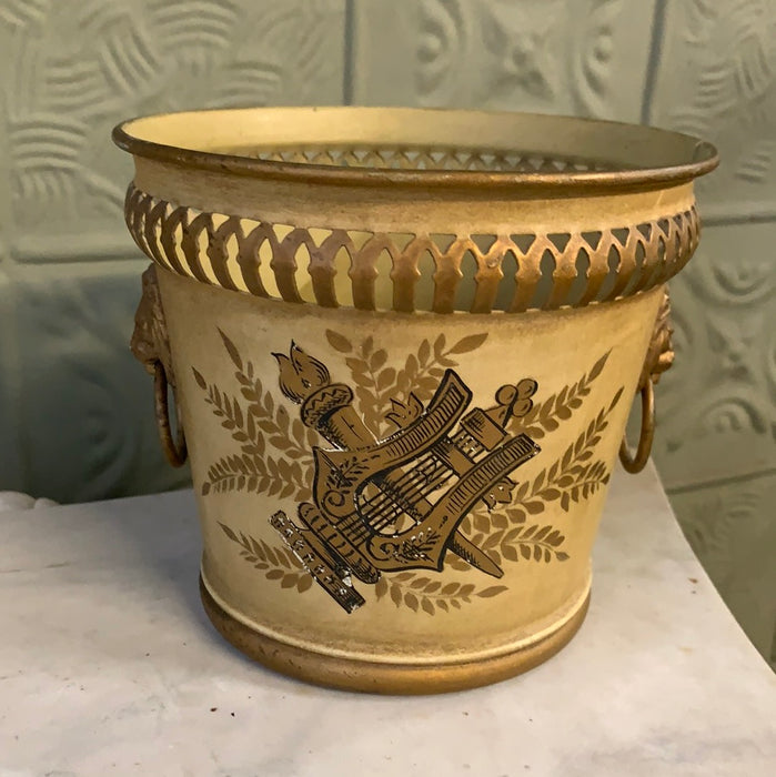 SMALL GOLDEN YELLOW FRENCH TOLE PLANTER WITH LION HEADS