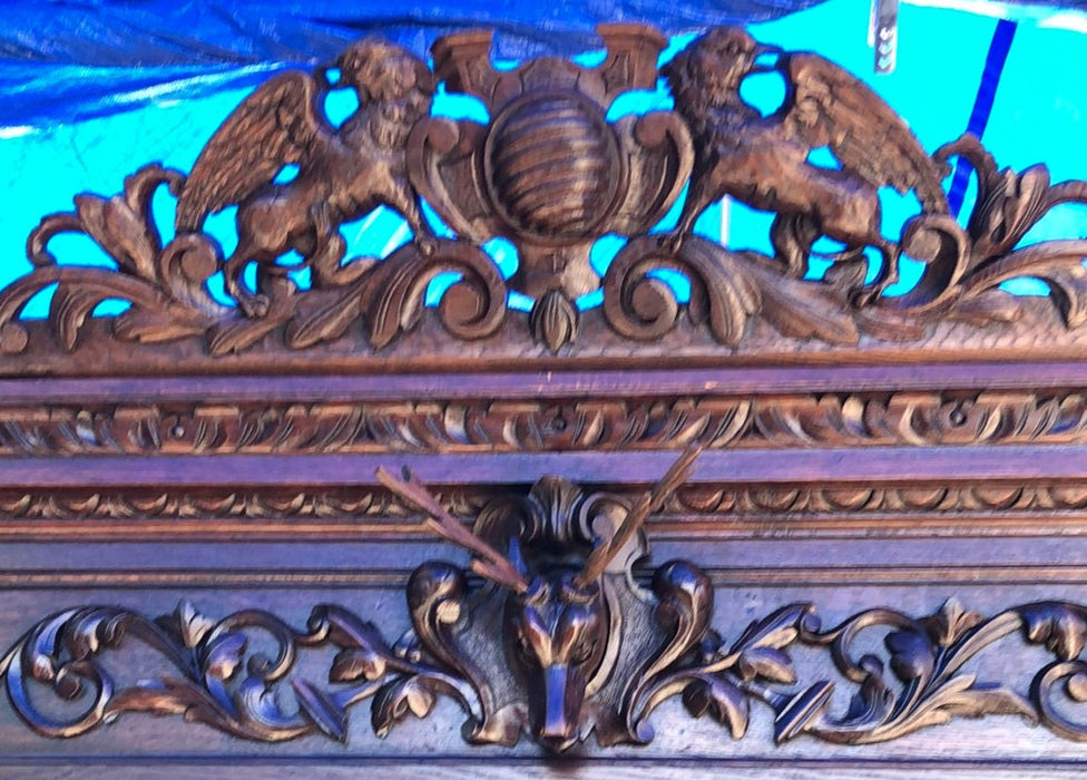 CARVED HUNT CABINET WITH ELK AND RABBIT