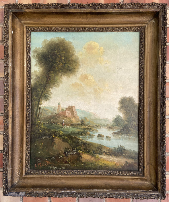 VERTICAL LANDSCAPE OIL PAINTING WITH SHEEP AND CASTLE