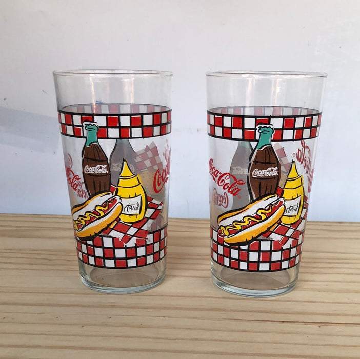 Pair of Large hot dog and mustard Coca-Cola glass