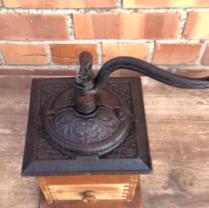 ANTIQUE CAST IRON AND WOOD COFFEE MILL