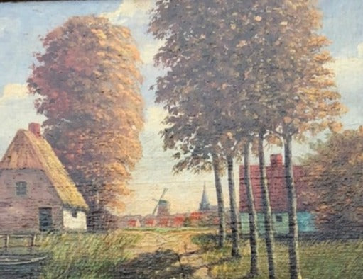 GOLD FRAMED DUTCH WINDMILL OIL PAINTING