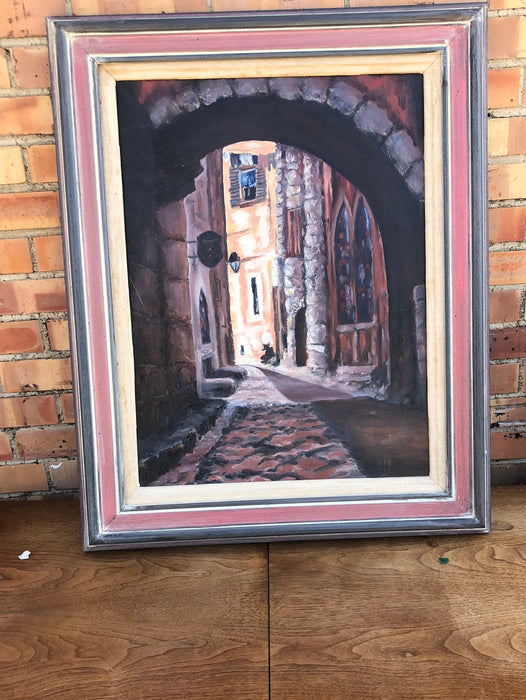 COBBLED STREET SCENE OIL PAINTING ON CANVAS WITH ARCH