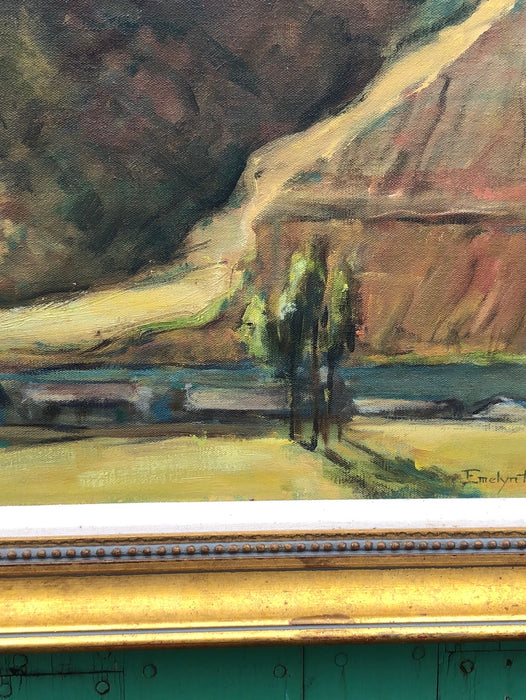 CALIFORNIA MOUNTAIN LANDSCAPE OIL PAINTING WITH A TRAIN SIGNED EVELYN HERMAN