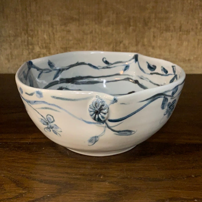 BLUE AND WHITE FLORAL STUDIO POTTERY BOWL
