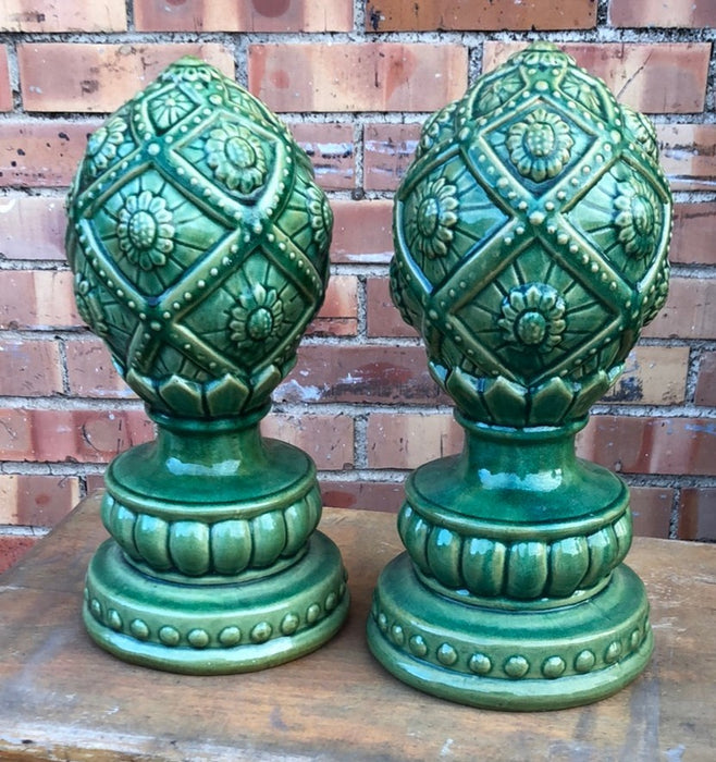 PAIR OF GREEN CERAMIC ARTICHOKES