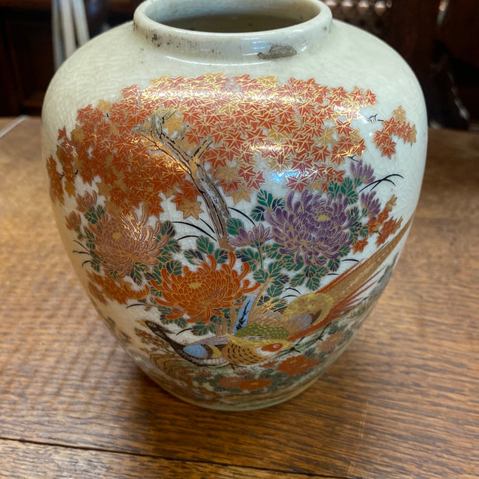 SMALL CRACKLED GLAZE GINGER JAR WITH COCKATOO AND PEACOCK