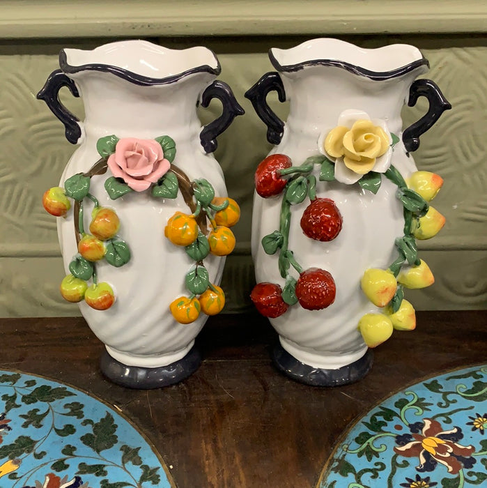 PAIR OF CERAMIC HAND PAINTED VASES WITH FLORAL AND FRUIT