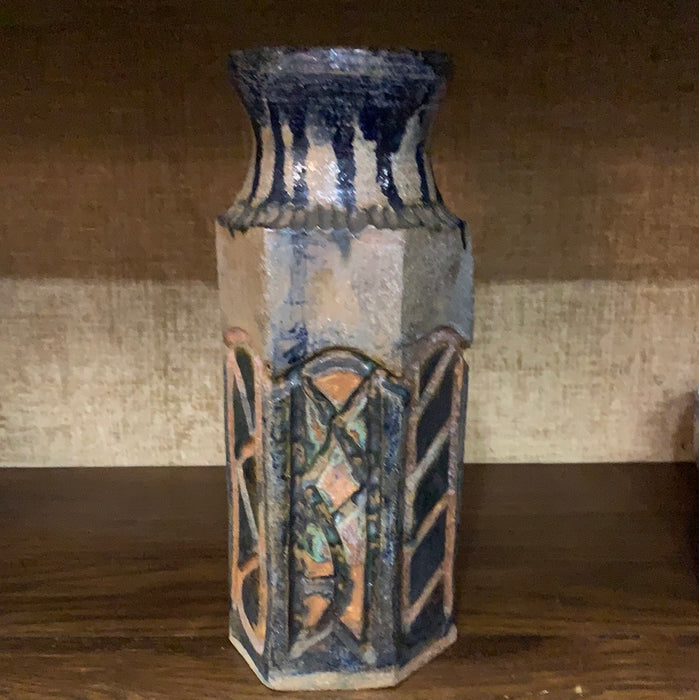 BLUE AND CLAY TONED STUDIO POTTERY TALL VASE