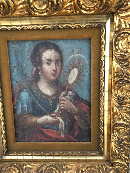 SMALL FEMALE SAINT OIL PAINTING HOLDING A MONSTRONCE ON CANVAS IN GILT FRAME