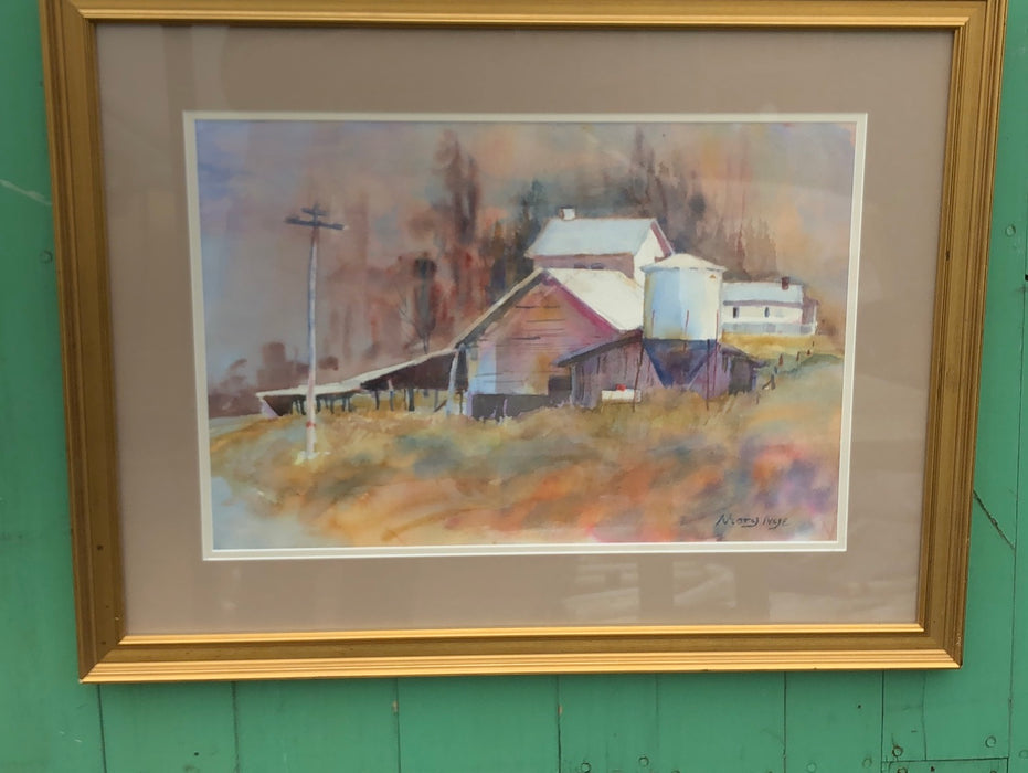 WATER COLOR PAINTING OF A BARN BY MARY BEASLEY NYE