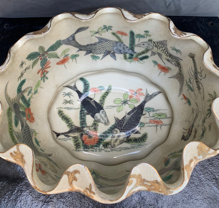 NOT OLD OBLONG LARGE PORCELAIN CENTER BOWL WITH KOI PAINTING