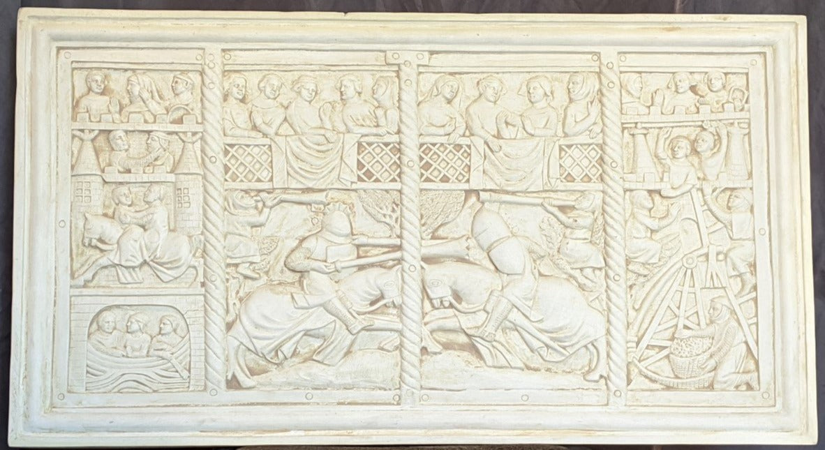 PLASTER PLAQUE OF MEDIEVAL JOUST SCENE WITH RELIEF