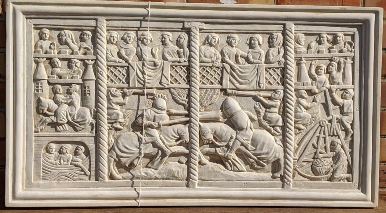 PLASTER PLAQUE OF MEDIEVAL JOUST SCENE WITH RELIEF