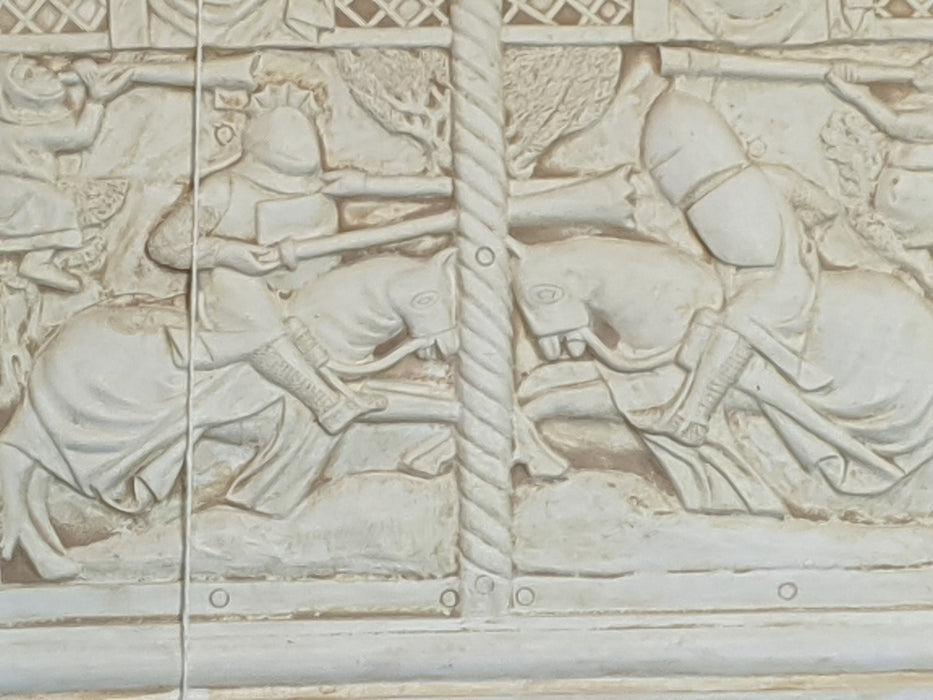 PLASTER PLAQUE OF MEDIEVAL JOUST SCENE WITH RELIEF