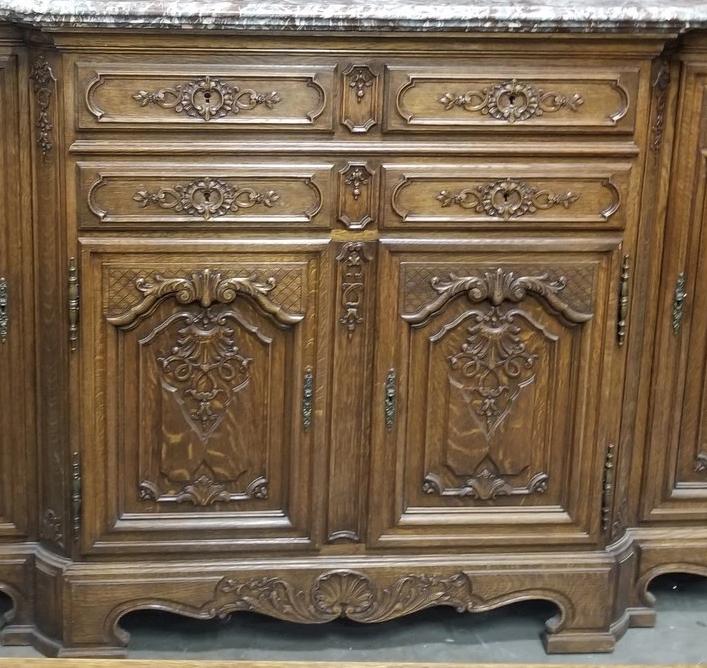 HUGE LIEGES FRENCH OAK ENFILADE SIDEBOARD WITH LAVANTA MARBLE TOP