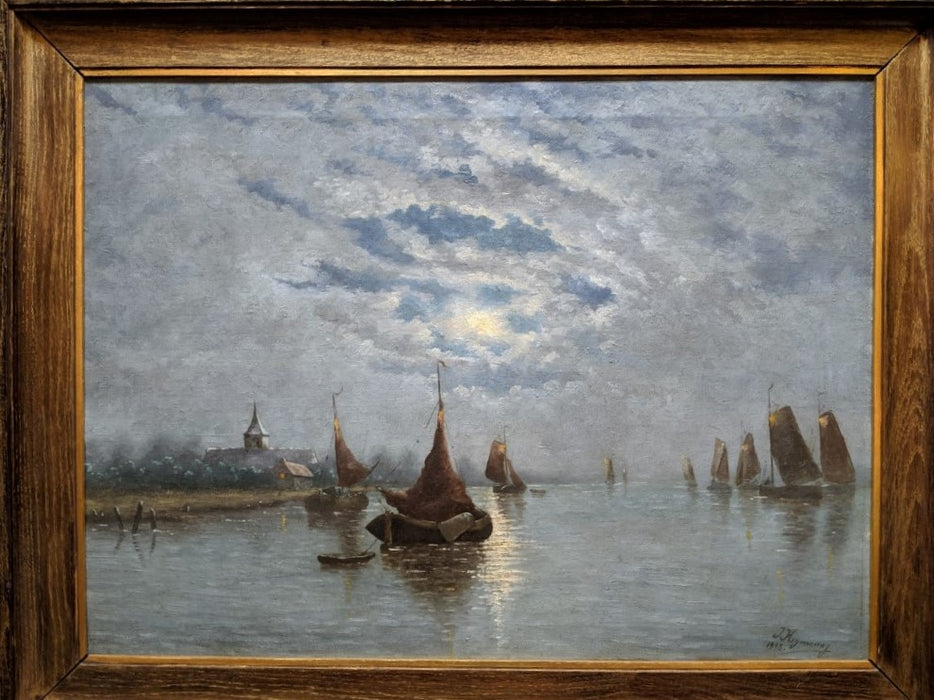 MOON LIGHT ON BOATS IN THE HARBOR-OIL PAINTING BY JOSEPH HEYMAN II