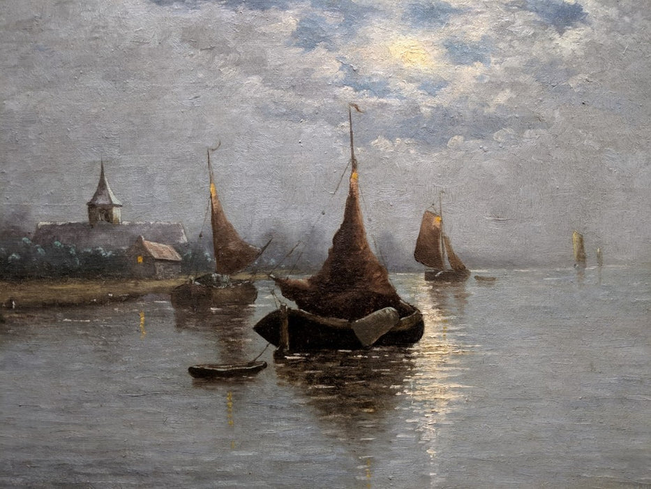 MOON LIGHT ON BOATS IN THE HARBOR-OIL PAINTING BY JOSEPH HEYMAN II