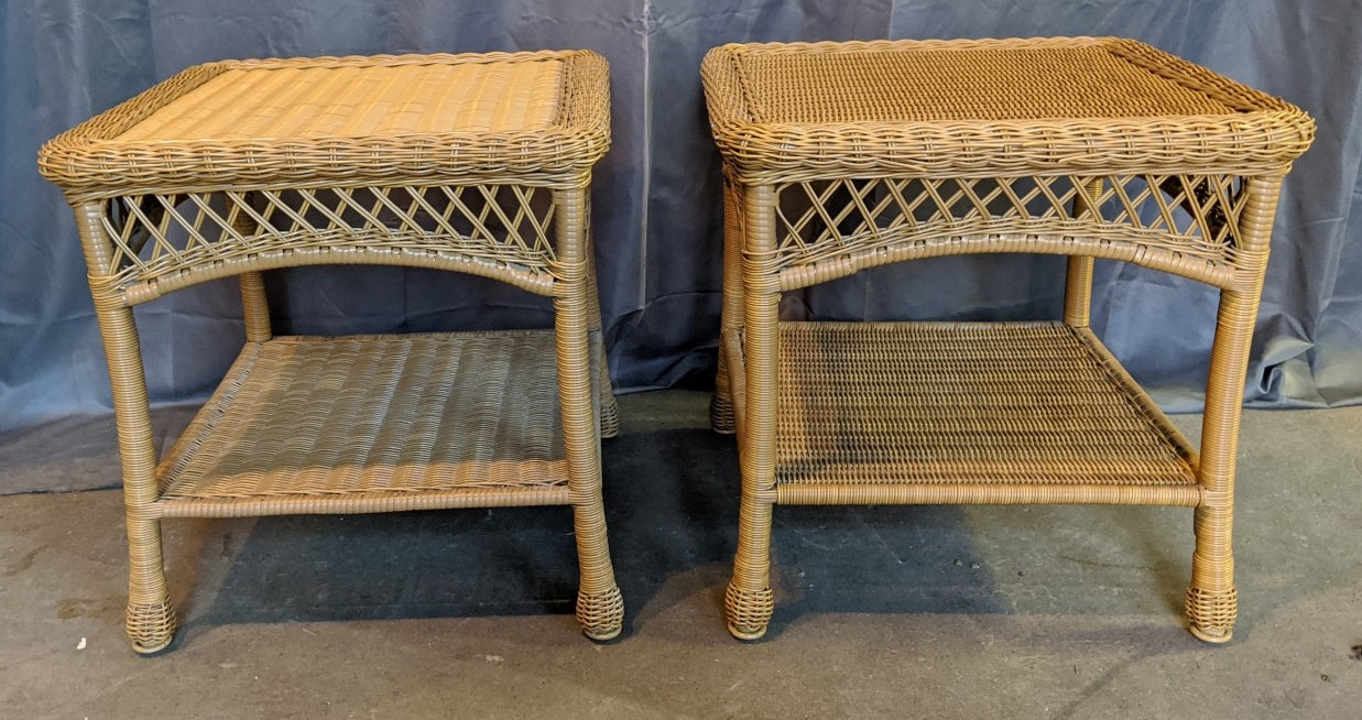 PAIR OF OUTDOOR WICKER STYLE SIDE TABLES