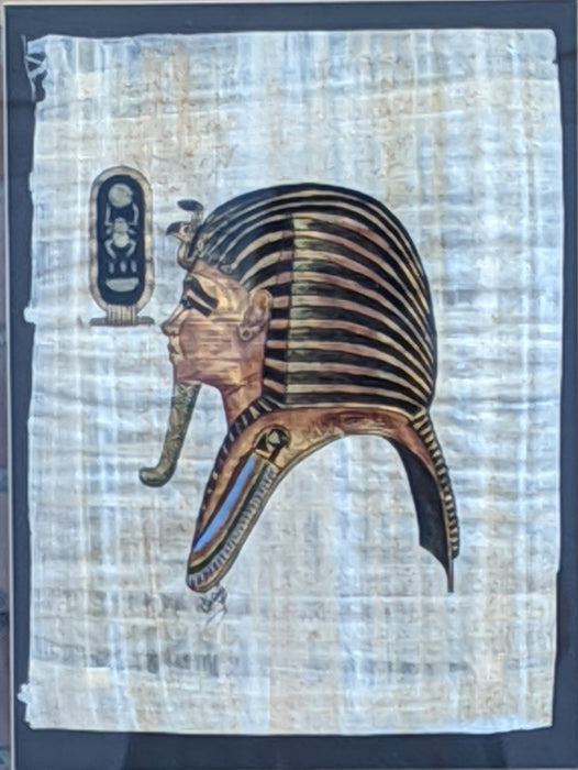 EGYPTIAN PHARAOH HEAD PRINT ON PAPYRUS FRAMED IN GLASS